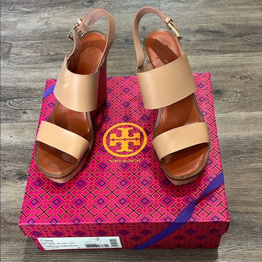 Tory Burch Nude Leather Wedge Sandals